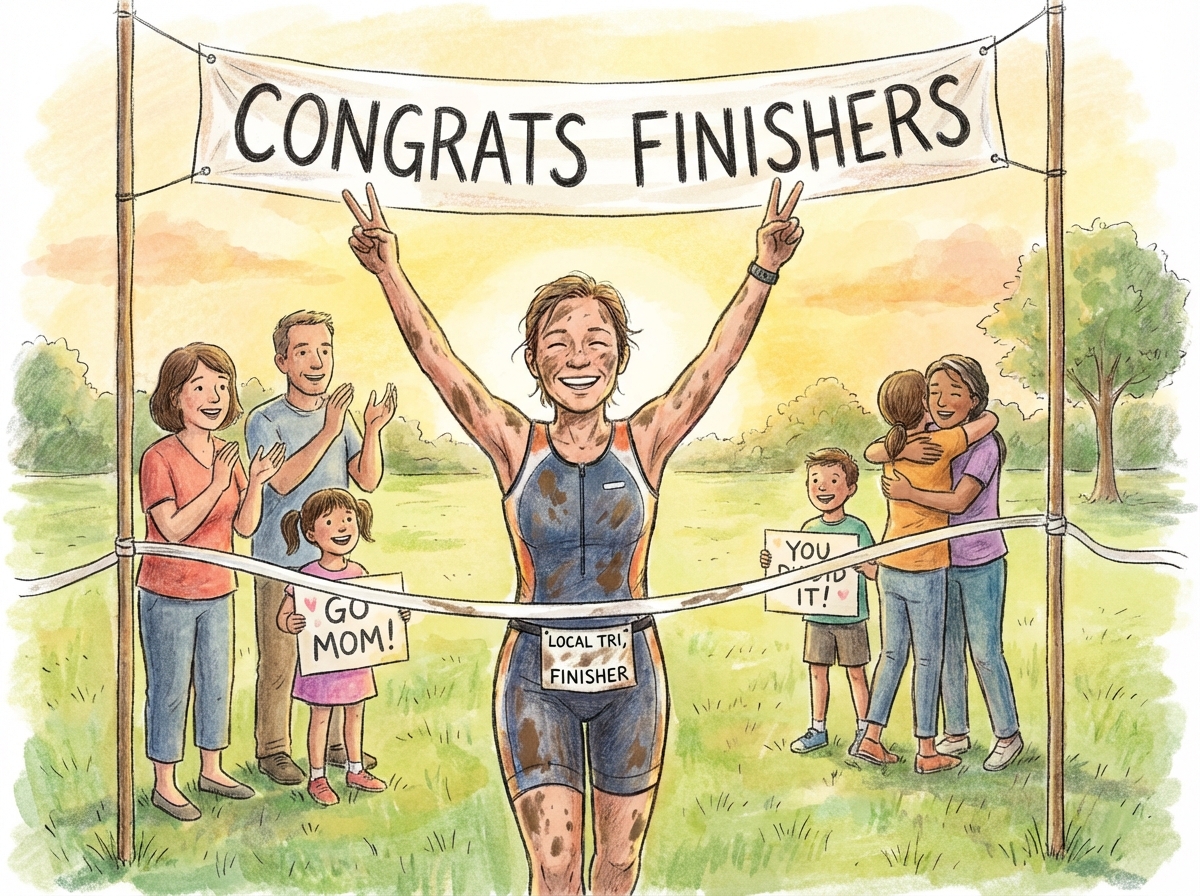 Beginner triathlete at the finish line