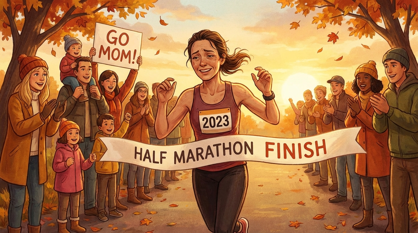 Runner over 40 crossing half marathon finish line