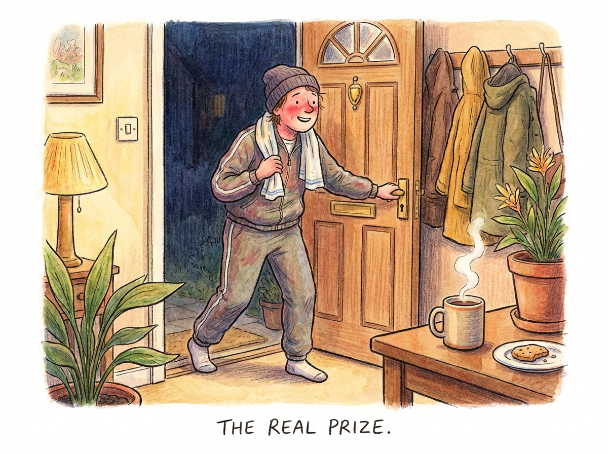 Satisfied runner walking back home after a run