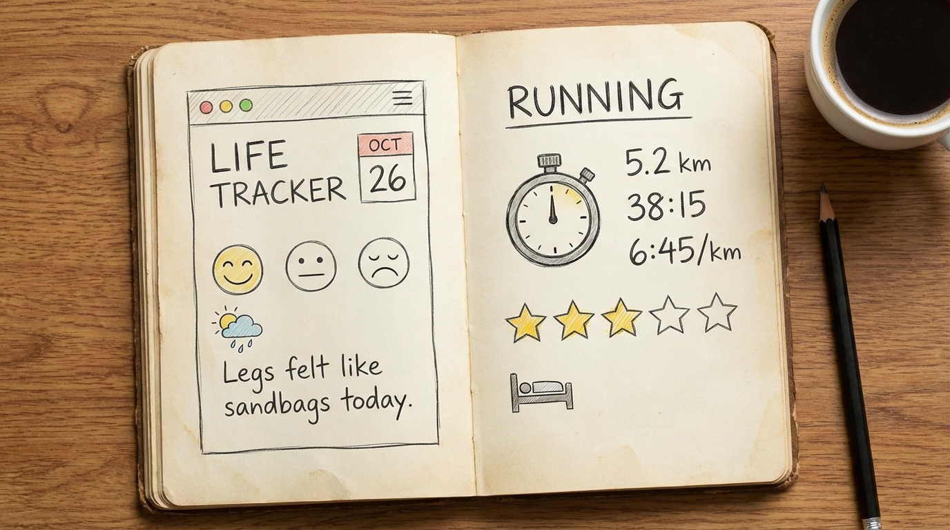 Flikness training journal showing run data and mood tracking